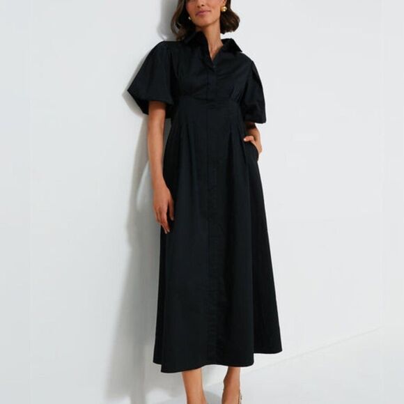 TUCKERNUCK- S -  Black Delaney Puff Sleeve Fit & Flare Pleated Maxi Dress $228 - Picture 4 of 8